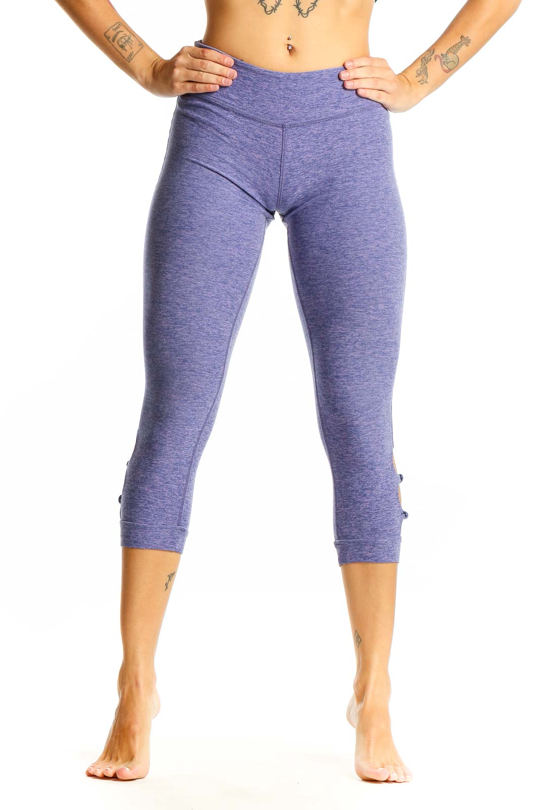 Front view of purple heathered capri leggings from Beyond Yoga