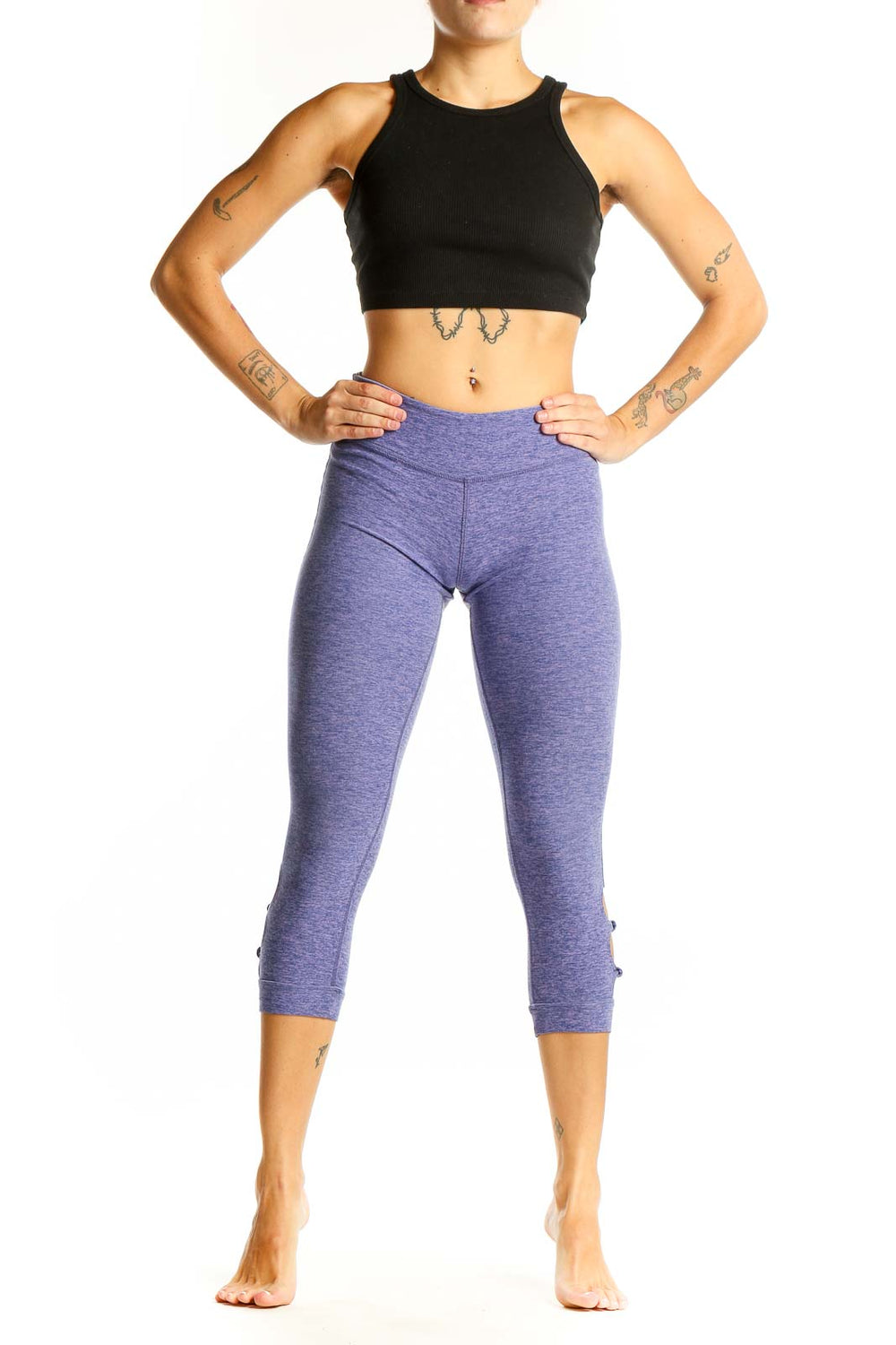 Front view of purple heathered capri leggings from Beyond Yoga