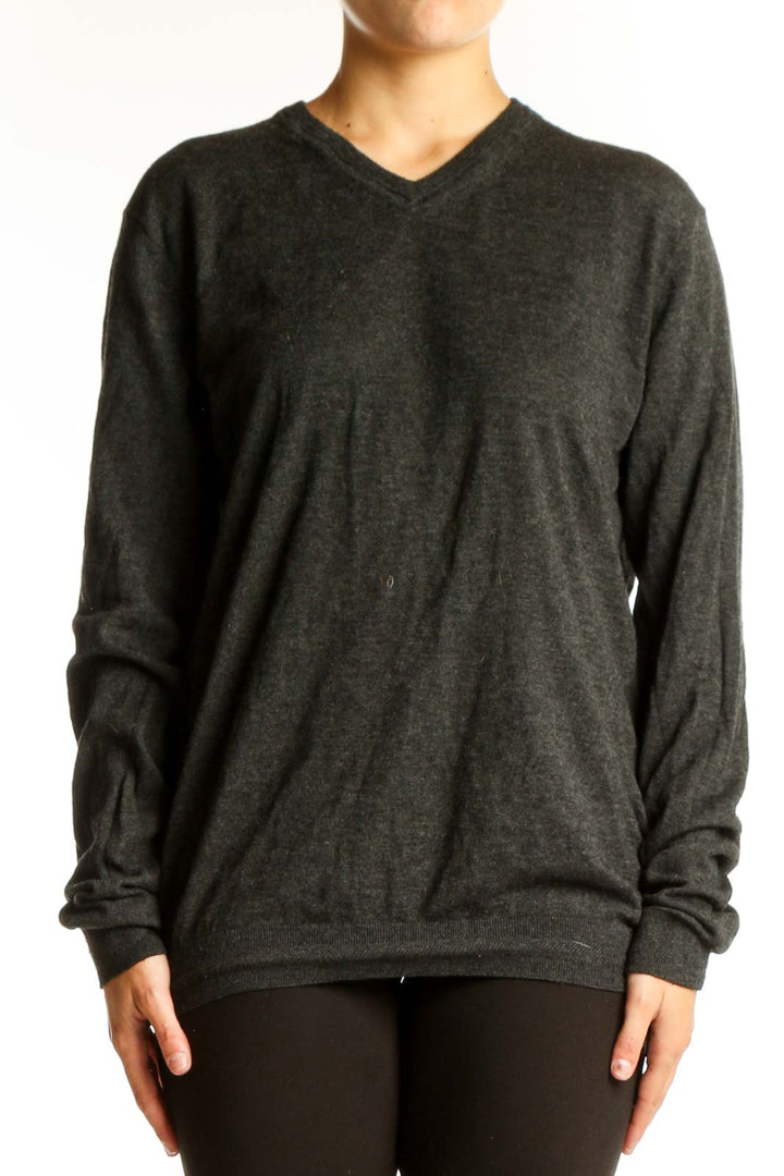 Front view of Ted Baker London charcoal V-neck cashmere blend sweater