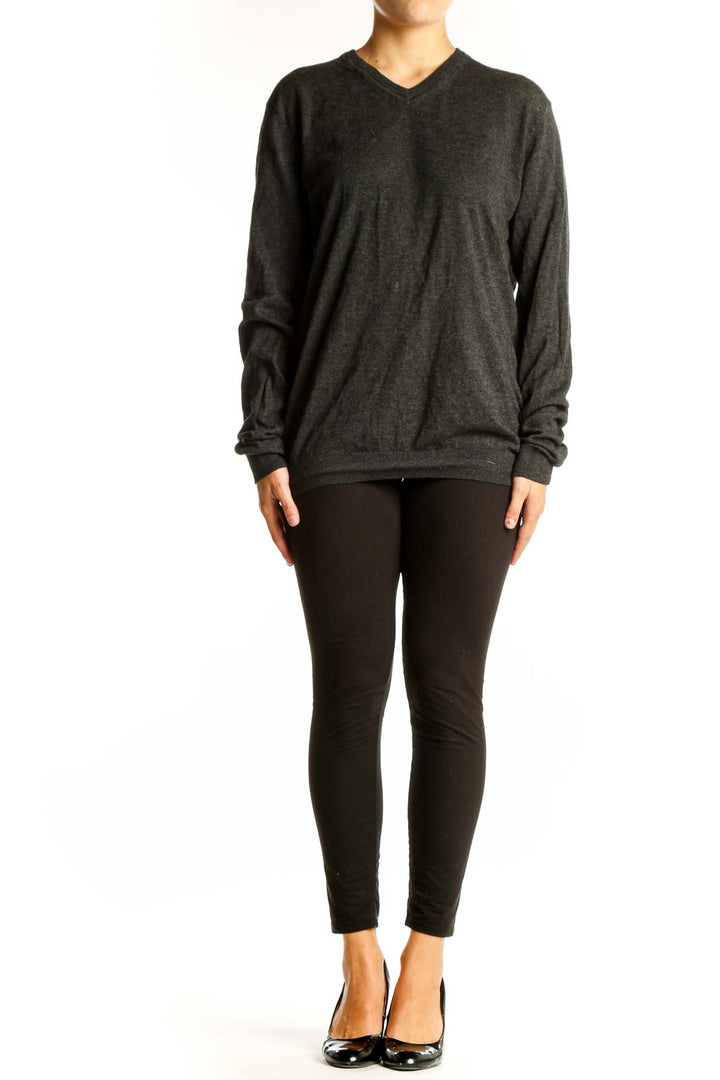 Front view of Ted Baker London charcoal V-neck cashmere blend sweater