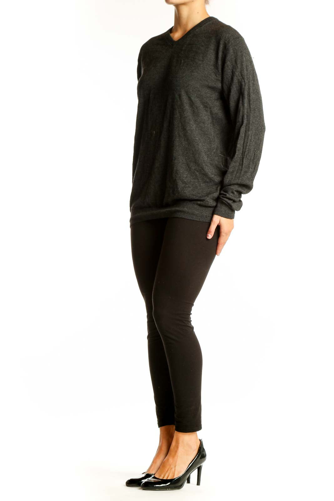 Front view of Ted Baker London charcoal V-neck cashmere blend sweater