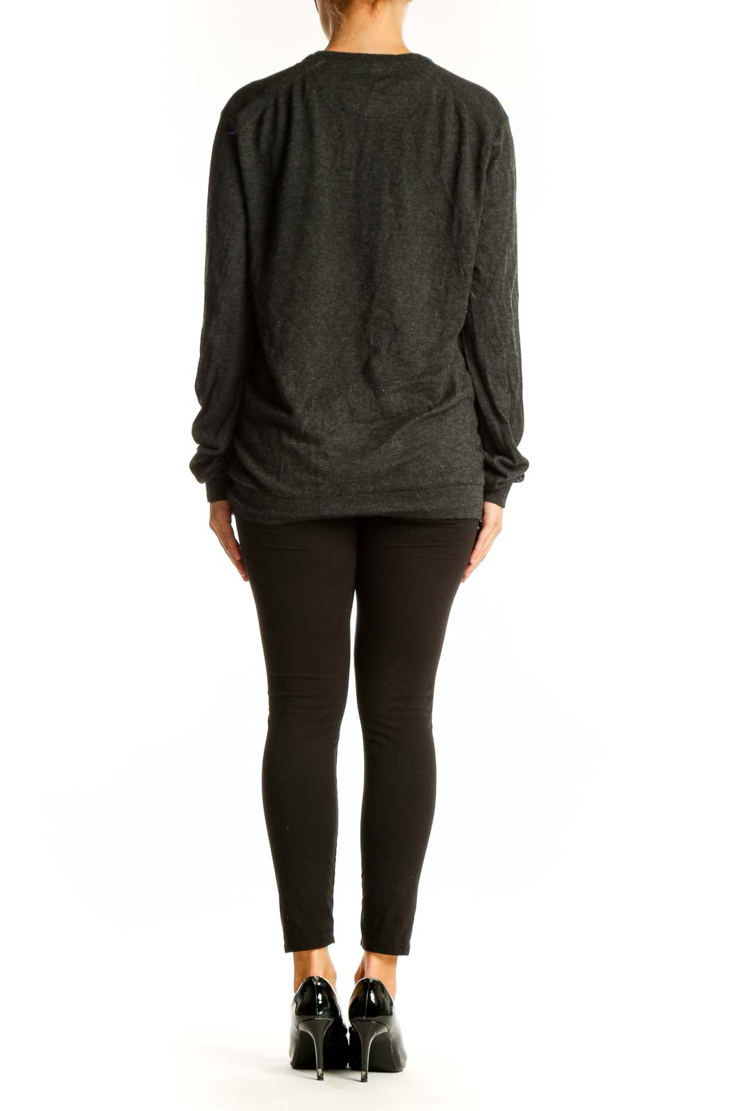 Side view of Ted Baker London charcoal V-neck cashmere blend sweater on model