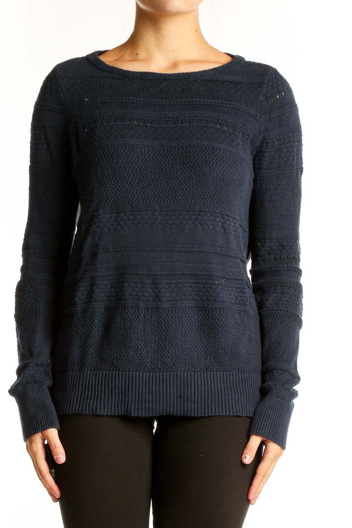 Front view of LOFT navy textured cotton knit sweater