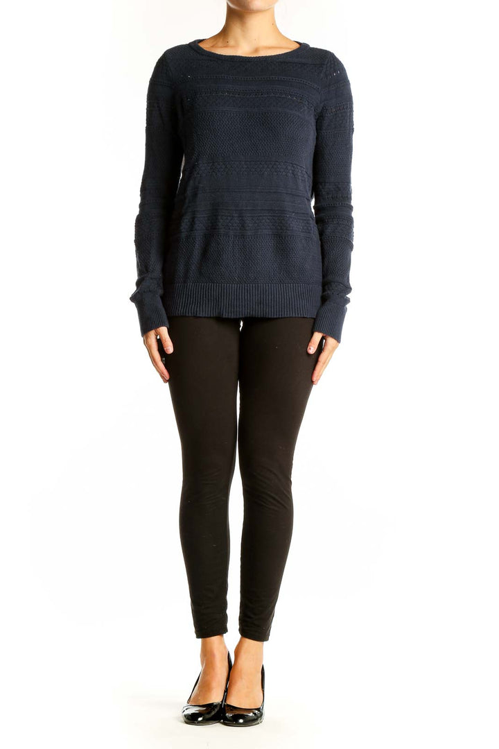 Front view of LOFT navy textured cotton knit sweater