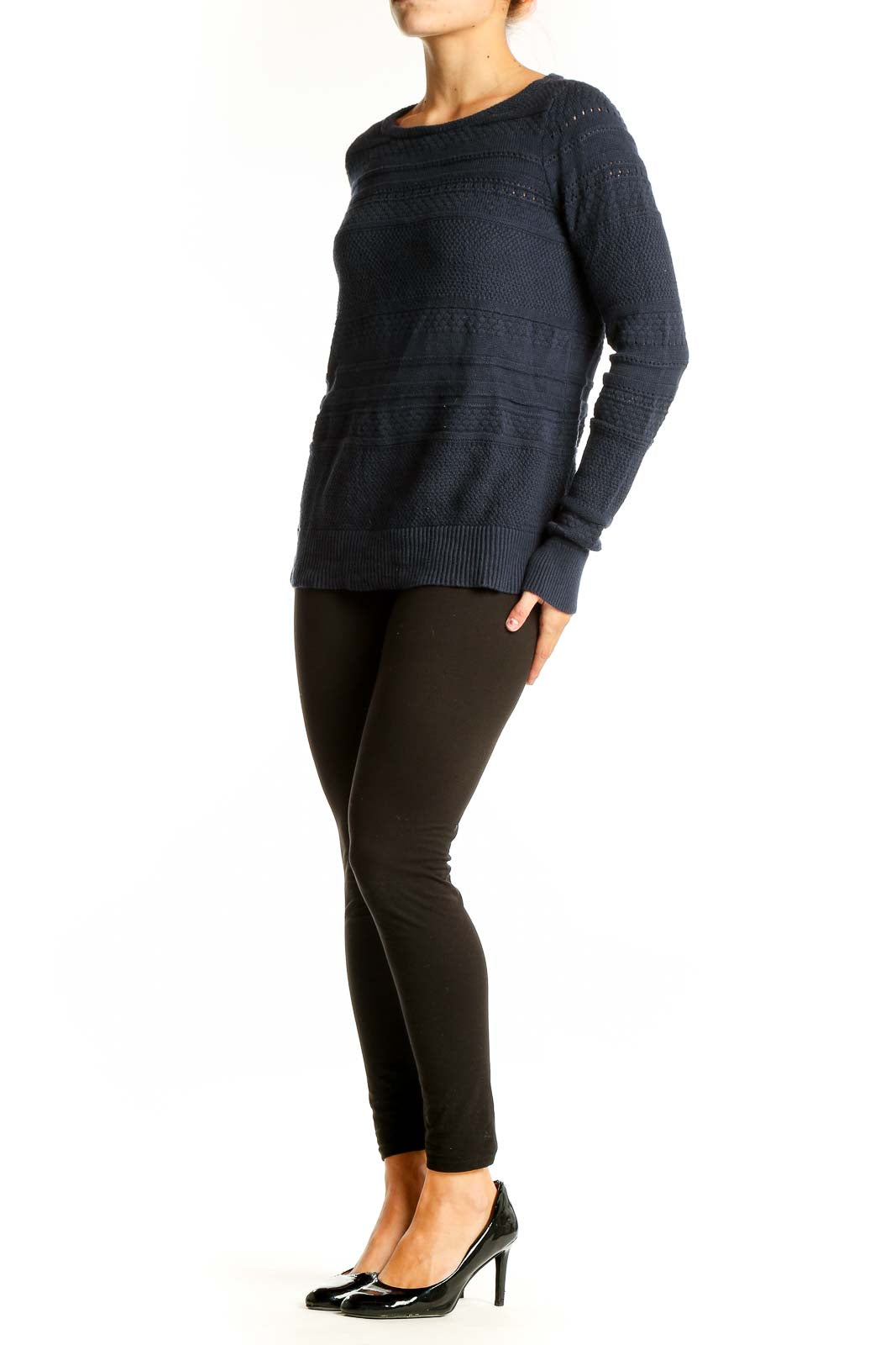 Front view of LOFT navy textured cotton knit sweater
