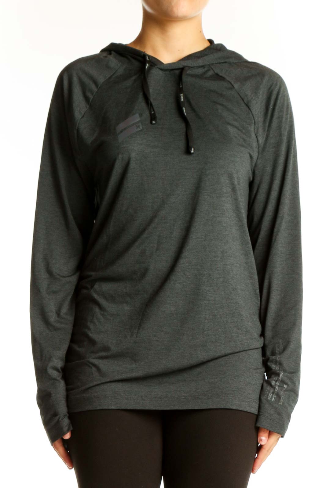 Front view of Hurley X charcoal gray hooded activewear top