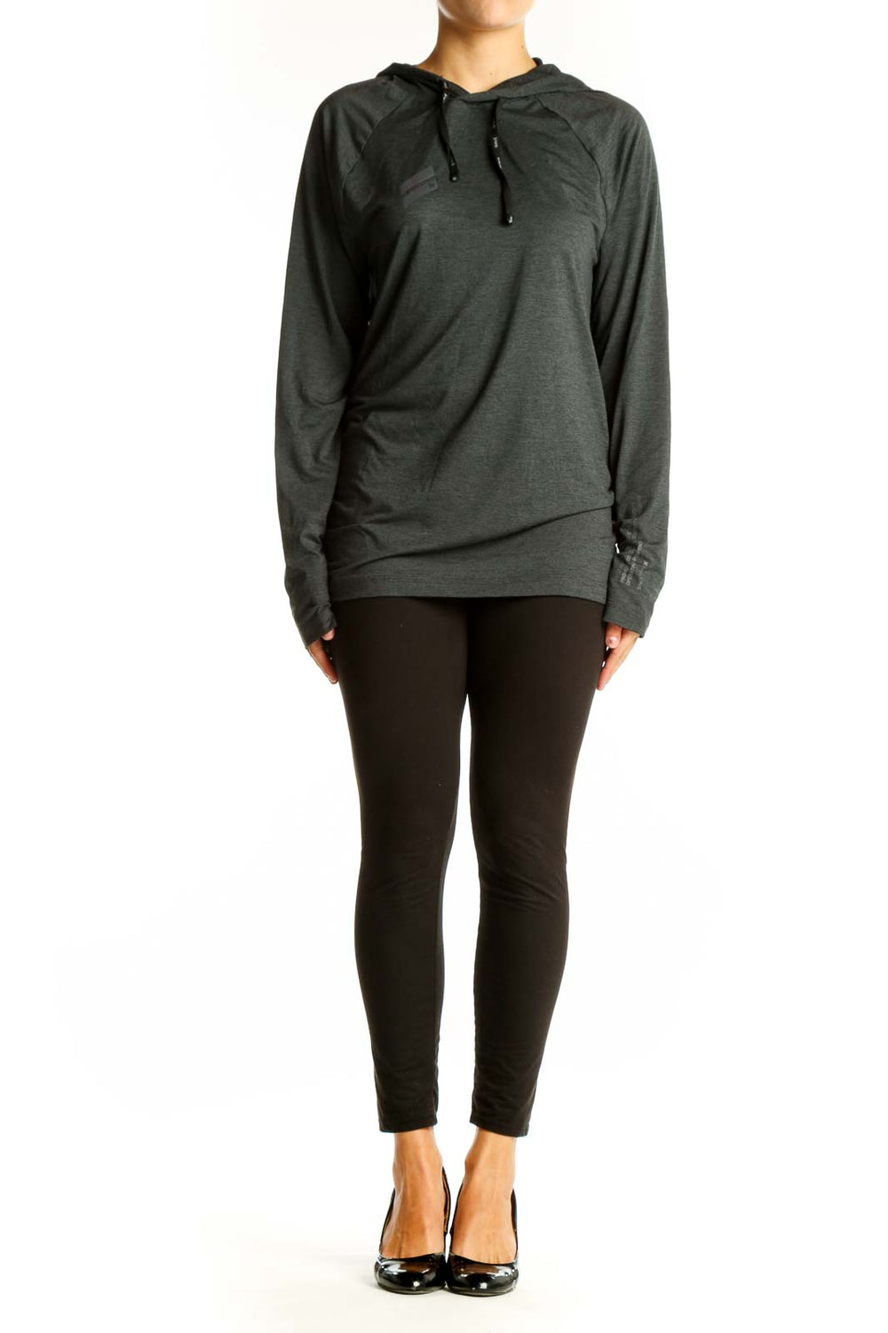 Front view of Hurley X charcoal gray hooded activewear top