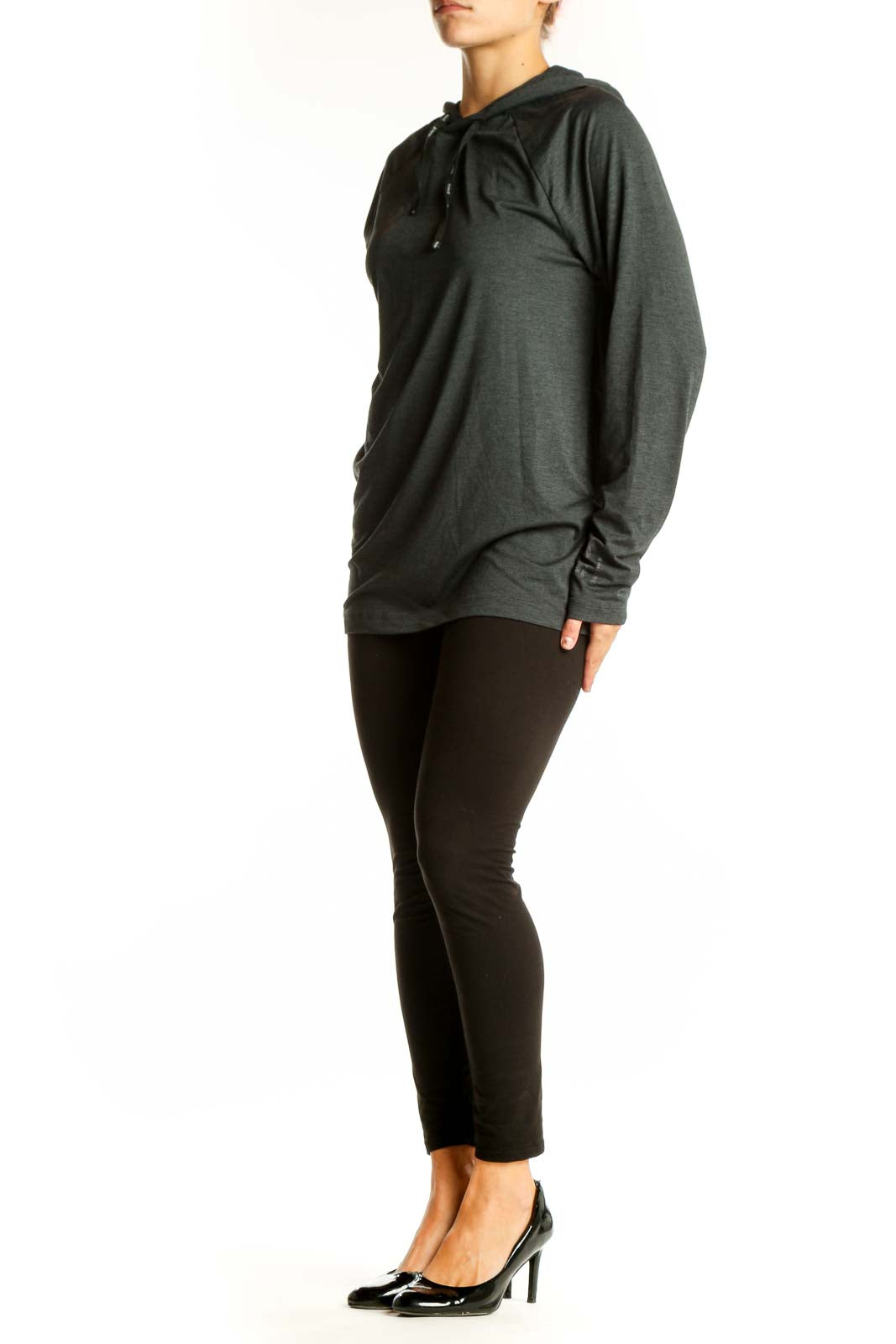 Front view of Hurley X charcoal gray hooded activewear top