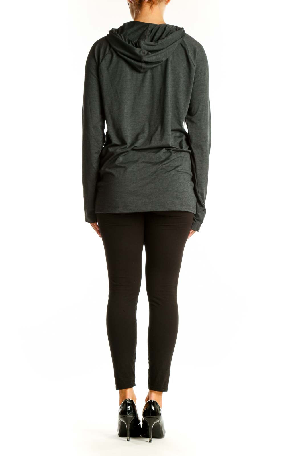 Back view of Hurley X charcoal gray hooded activewear top on model