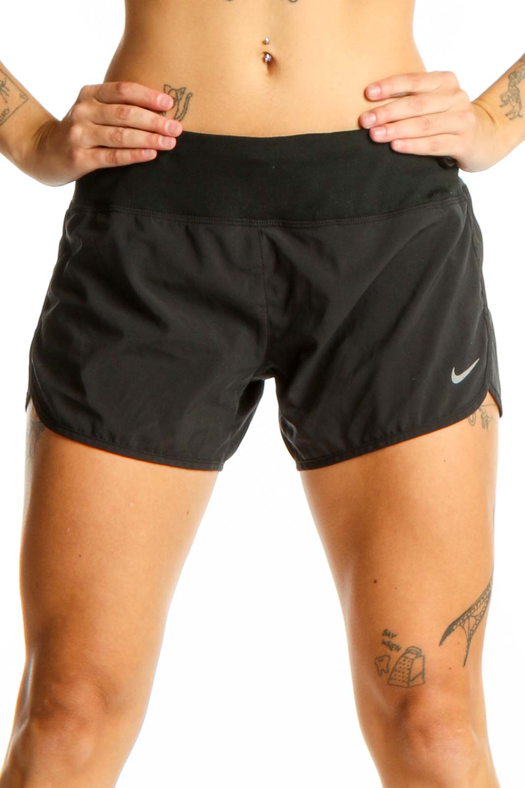 Front view of black Nike performance running shorts