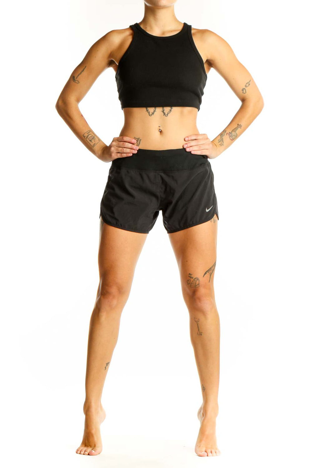 Front view of black Nike performance running shorts