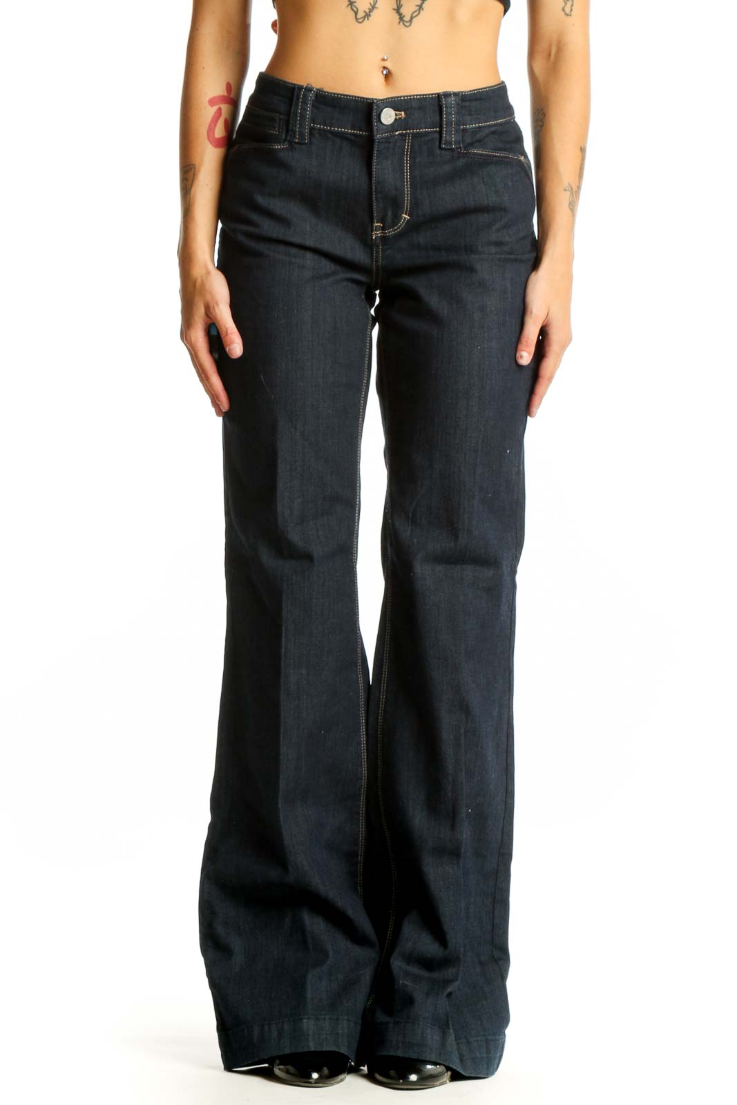 Front view of dark blue wide-leg denim jeans from White House Black Market