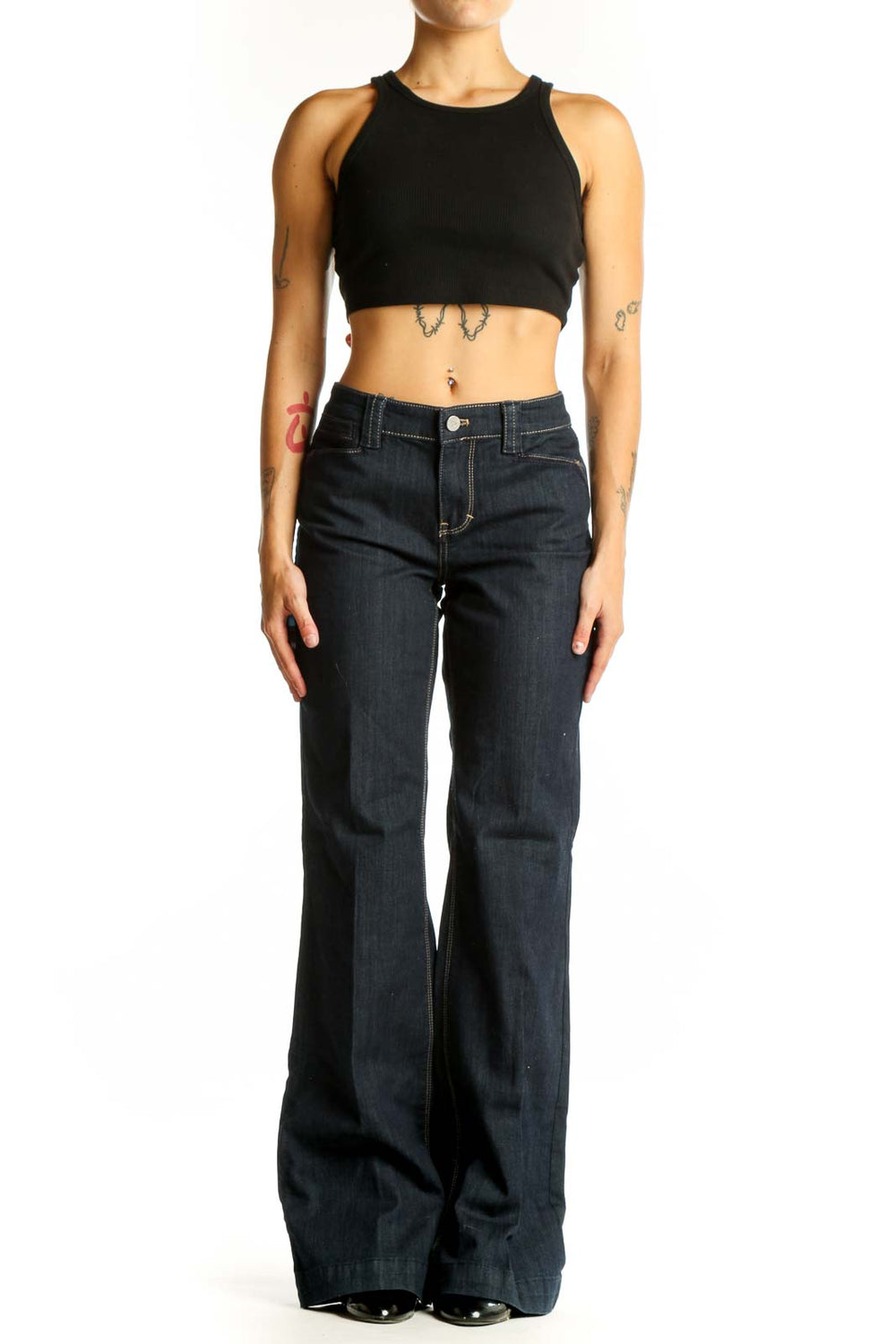 Front view of dark blue wide-leg denim jeans from White House Black Market