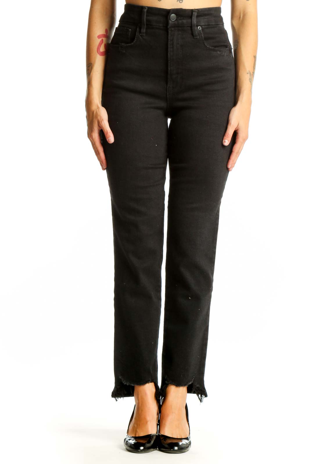 Front view of Good American black high-waisted straight-leg jeans with raw hem