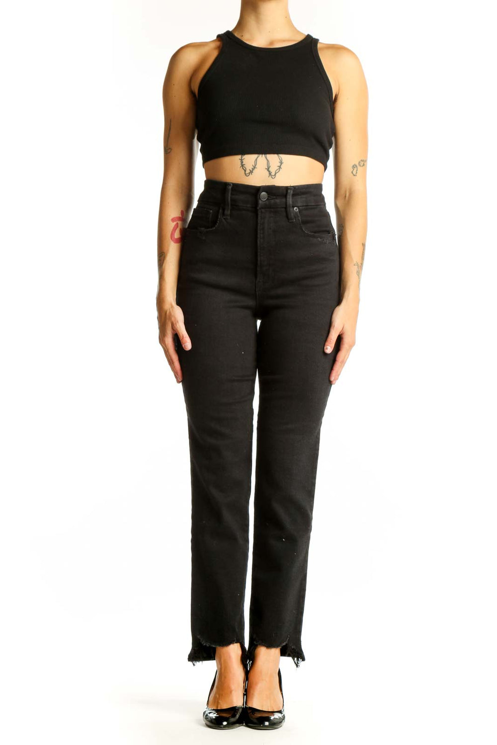 Front view of Good American black high-waisted straight-leg jeans with raw hem