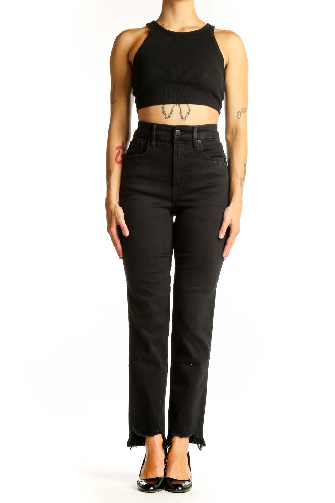 Front view of Good American black high-waisted straight-leg jeans with raw hem