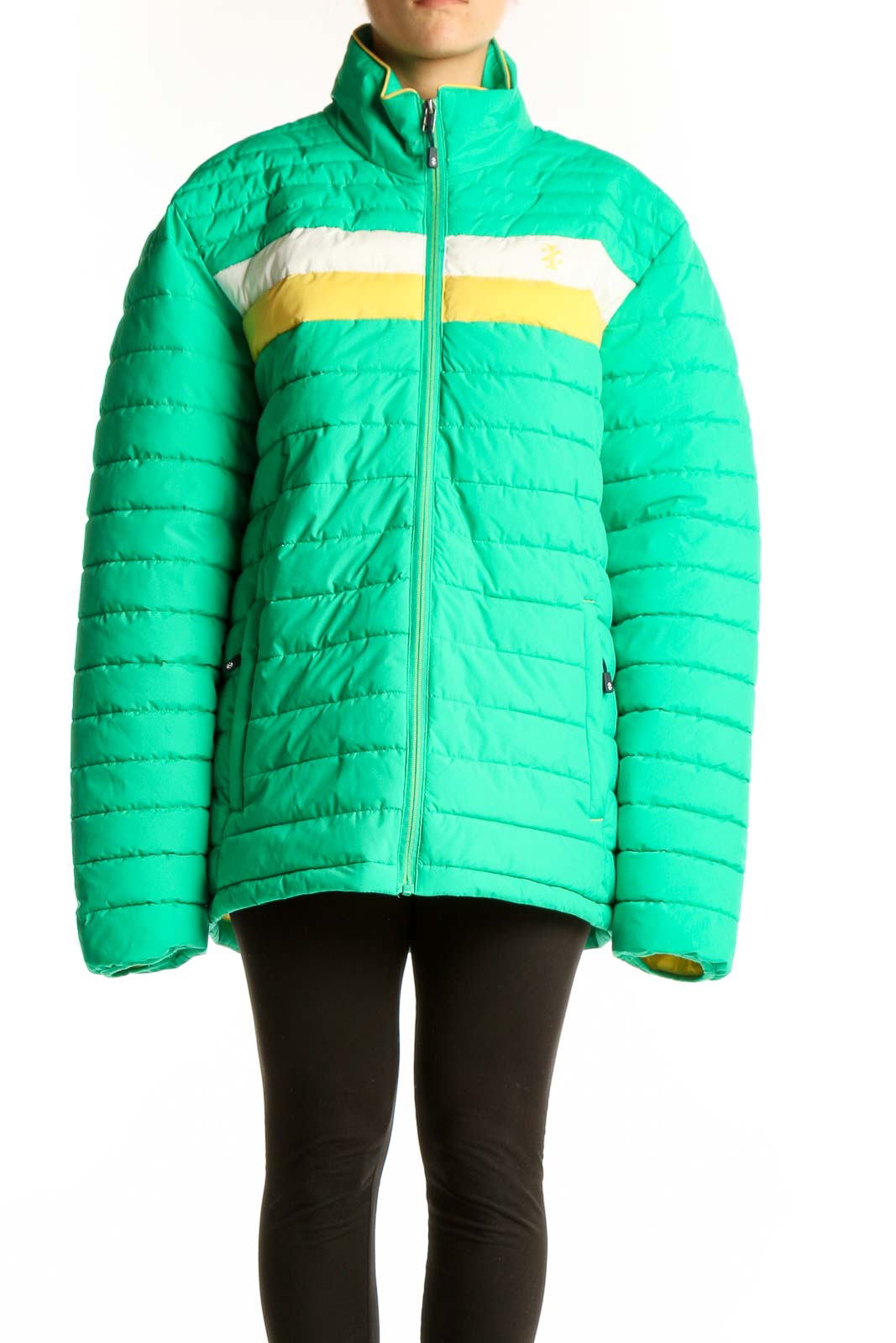 Front view of green IZOD puffer jacket with white and yellow stripe