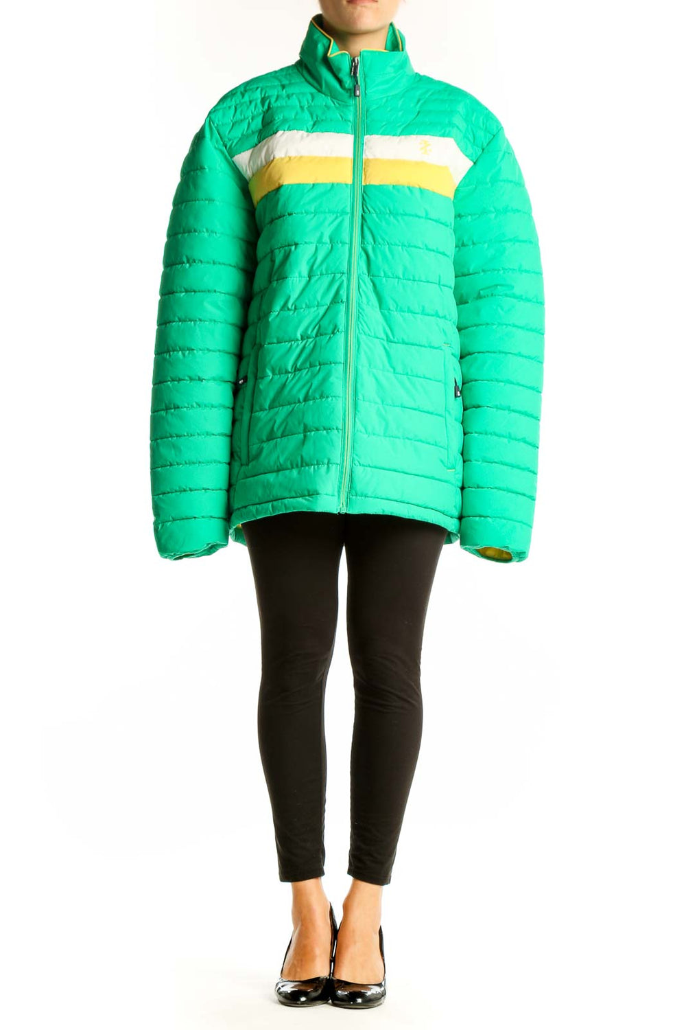 Front view of green IZOD puffer jacket with white and yellow stripe