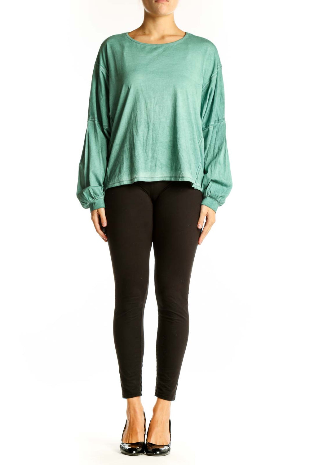 Front view of mint green oversized long sleeve top by Mustard Seed