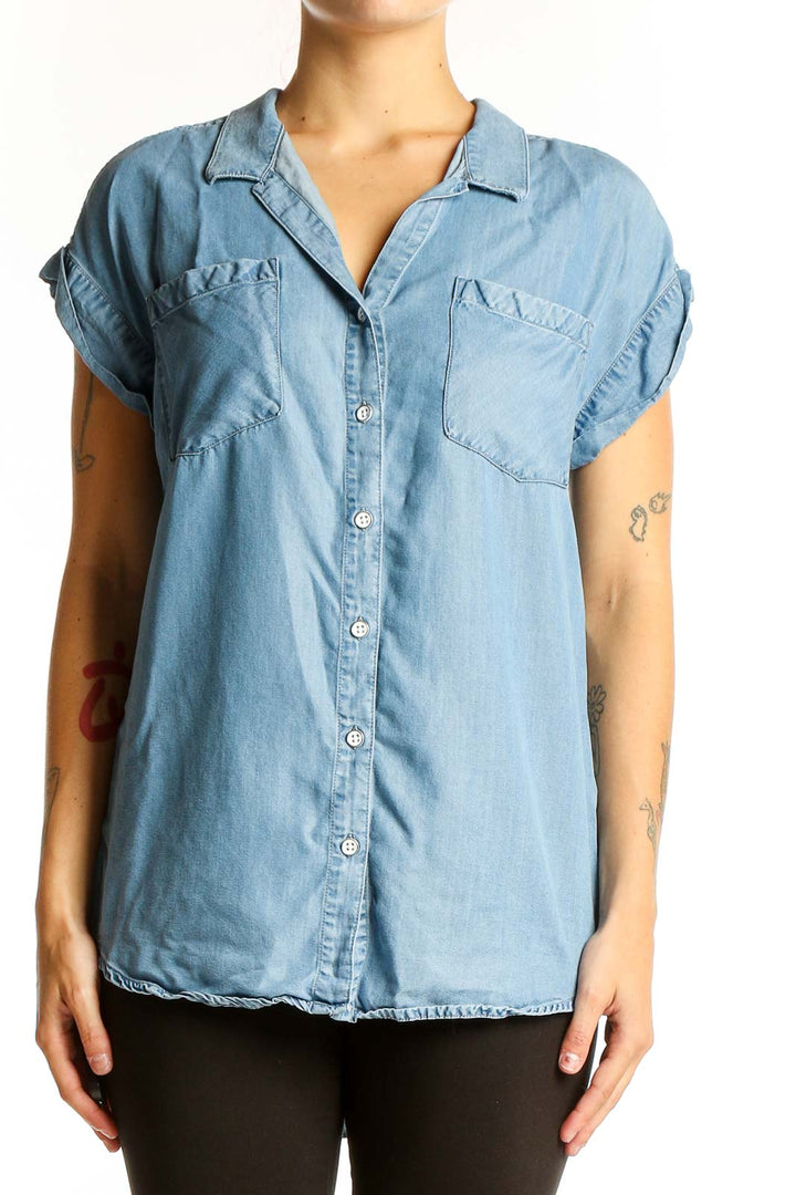 Front view of light blue Tencel button-up short sleeve top