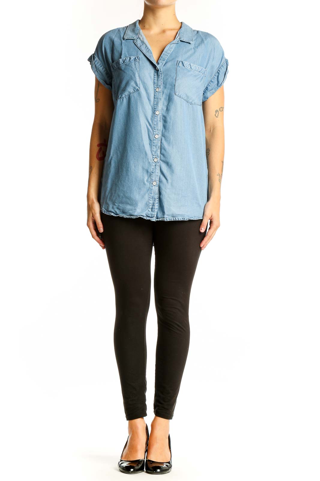 Front view of light blue Tencel button-up short sleeve top
