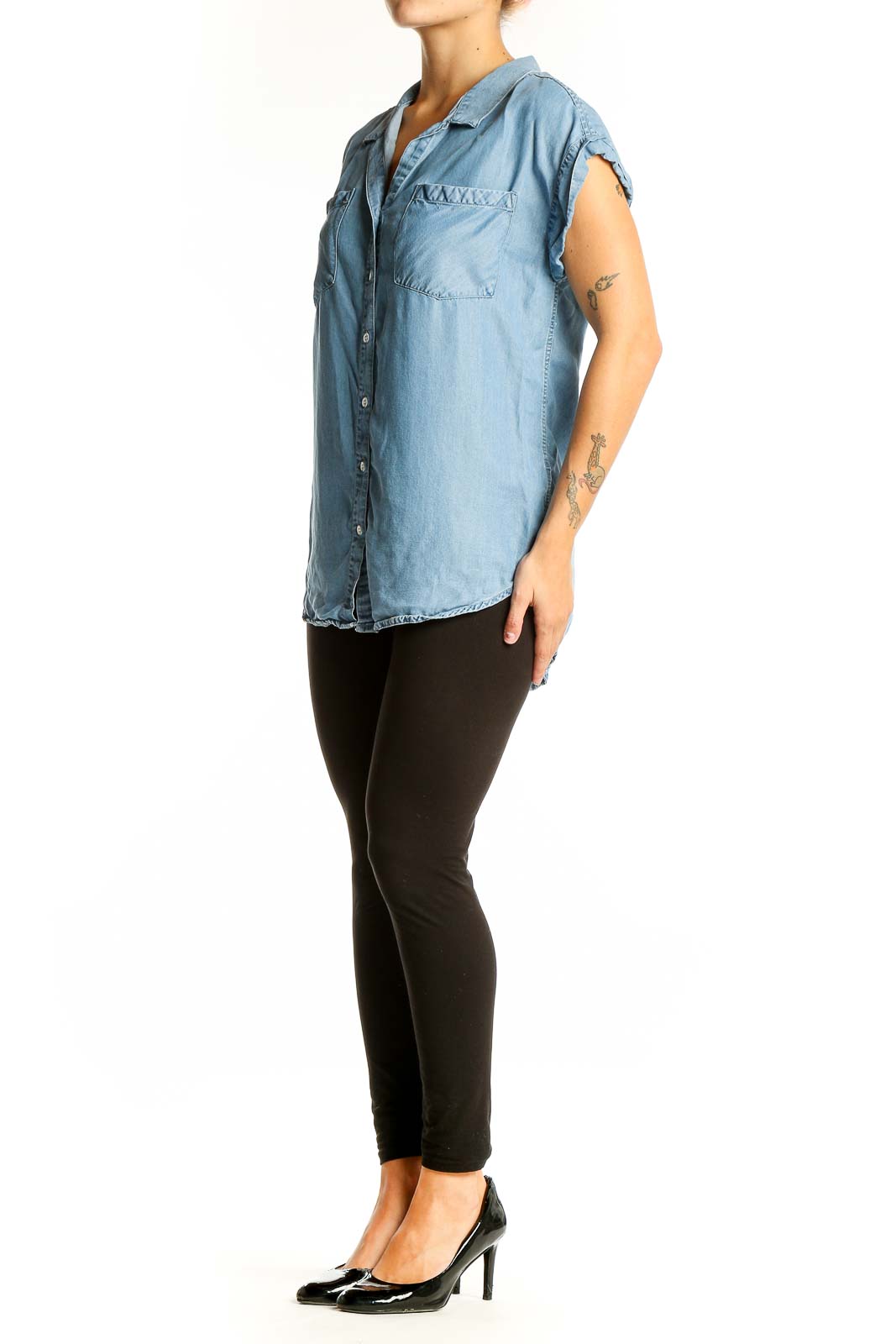Front view of light blue Tencel button-up short sleeve top