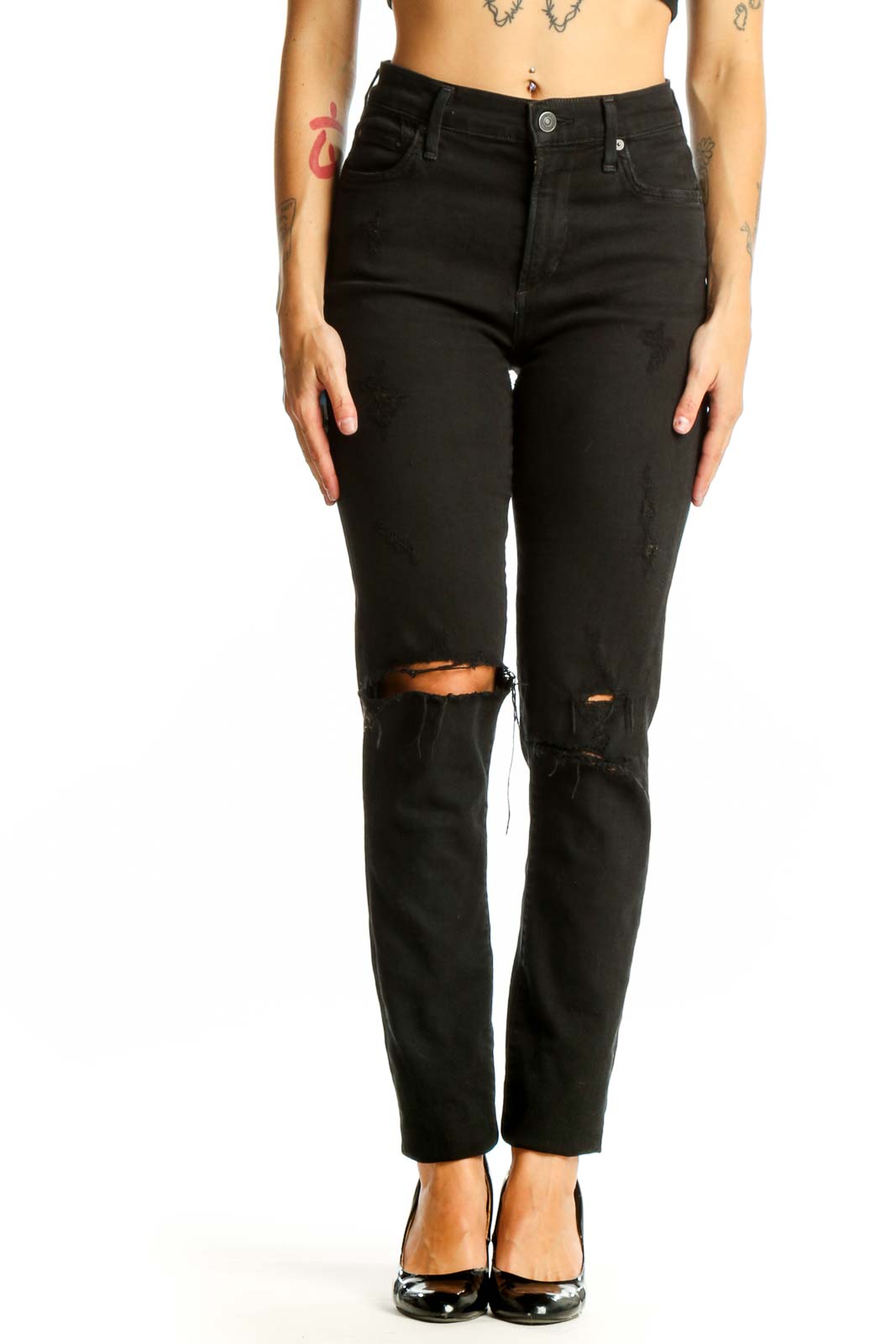 Front view of C of H black distressed high-waist skinny jeans