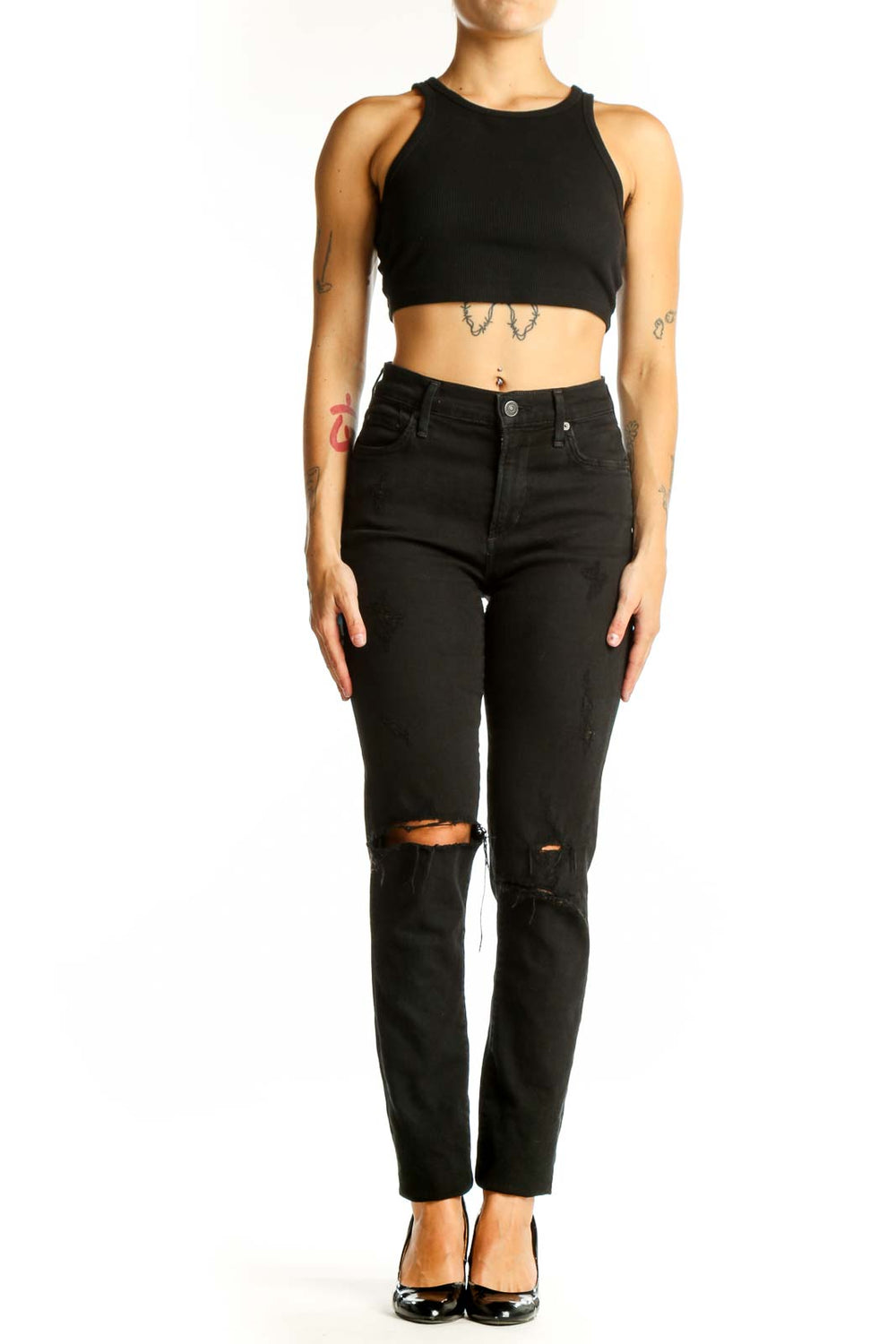Front view of C of H black distressed high-waist skinny jeans