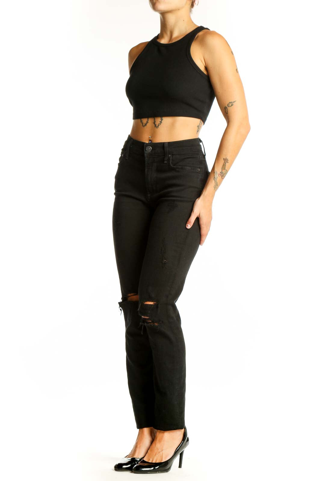 Front view of C of H black distressed high-waist skinny jeans