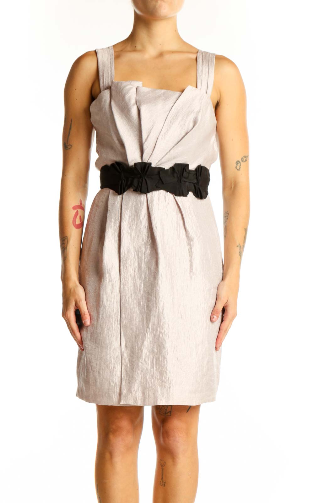 Front view of Max and Cleo beige sleeveless cocktail dress with black belt