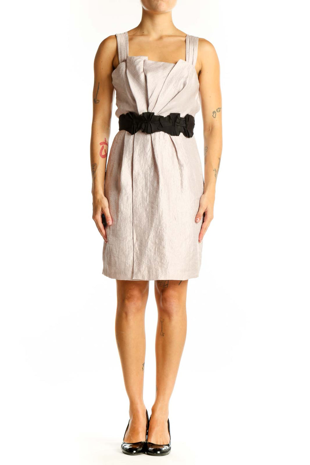 Front view of Max and Cleo beige sleeveless cocktail dress with black belt