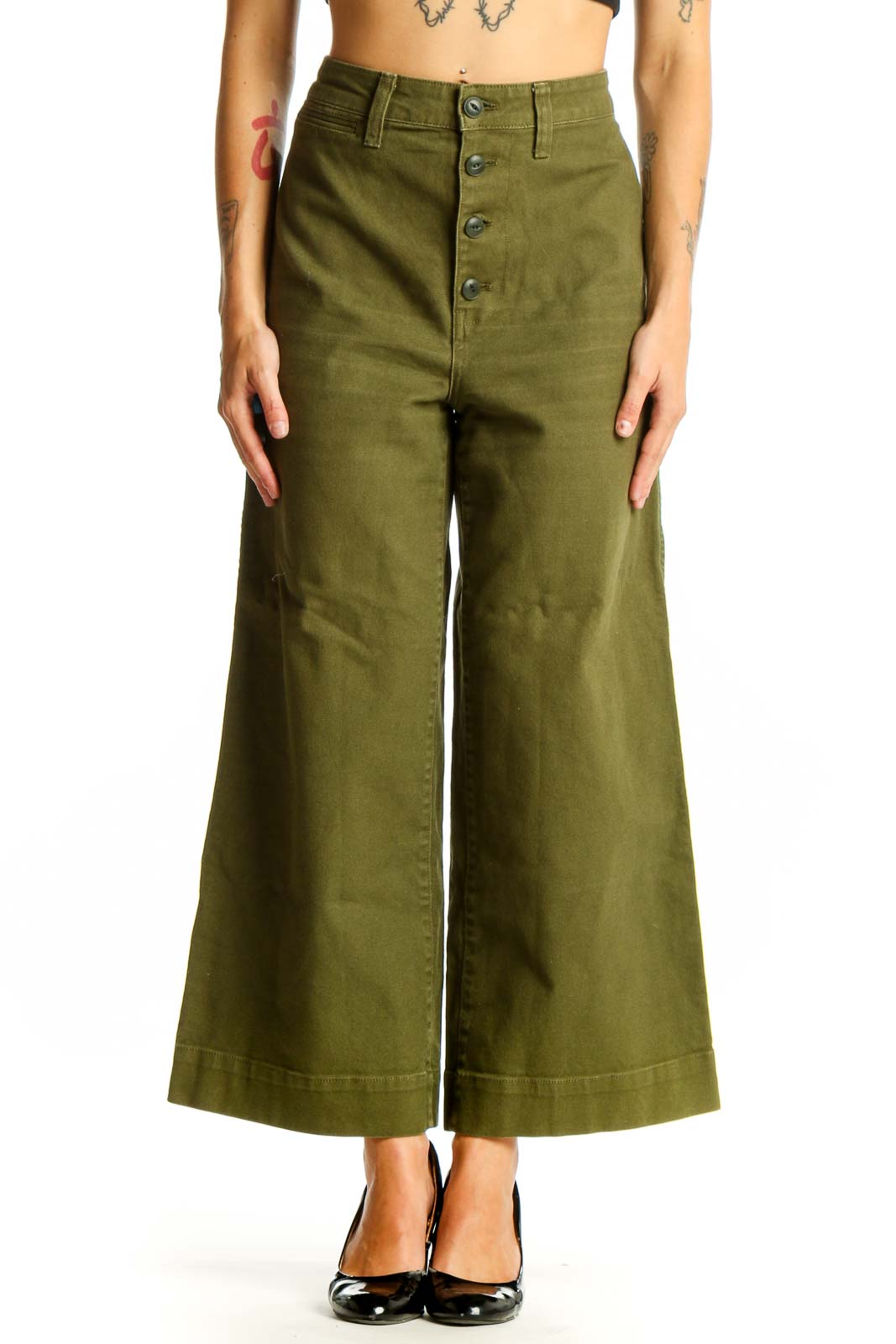 Front view of olive Madewell wide-leg pants with button-front closure