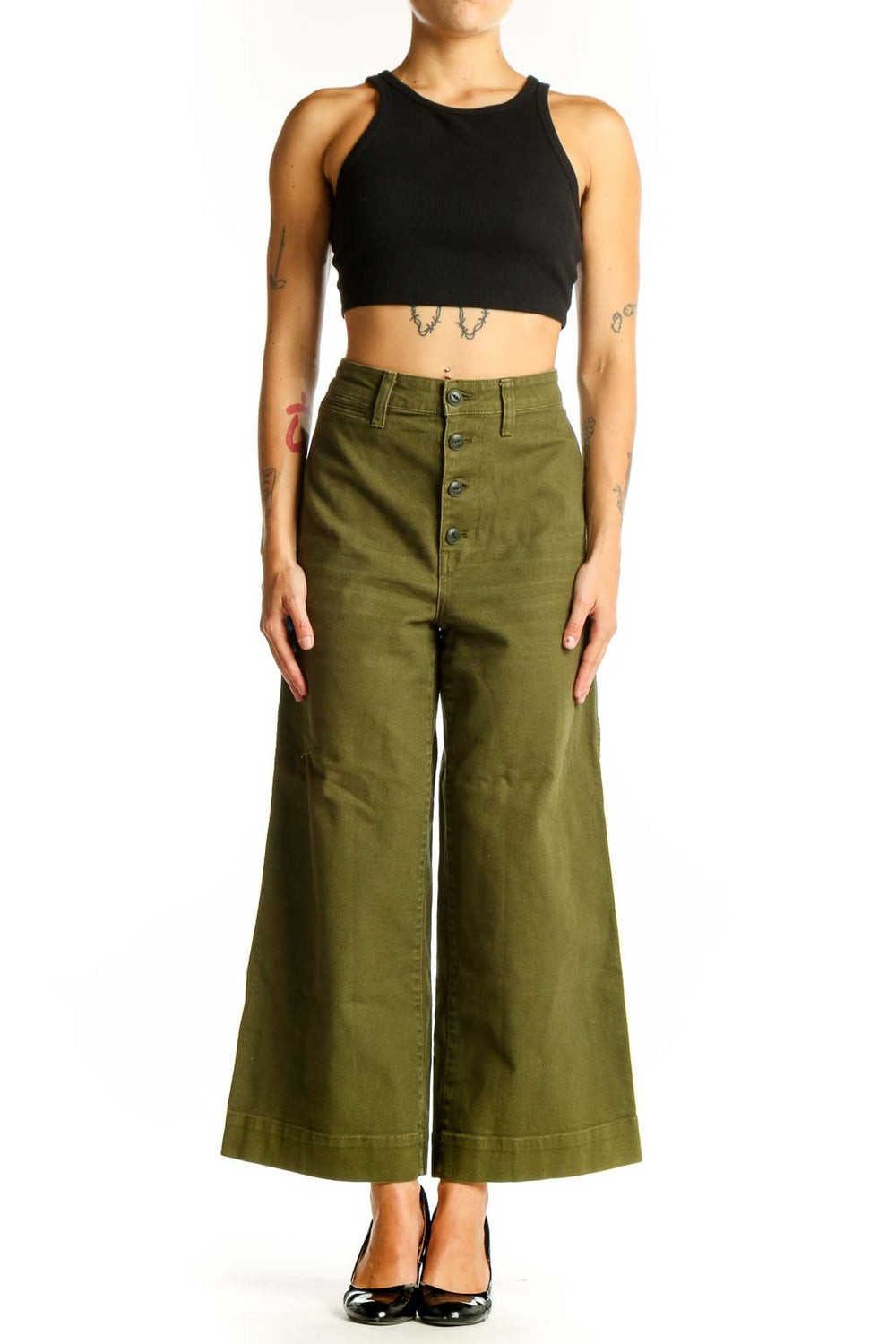 Front view of olive Madewell wide-leg pants with button-front closure