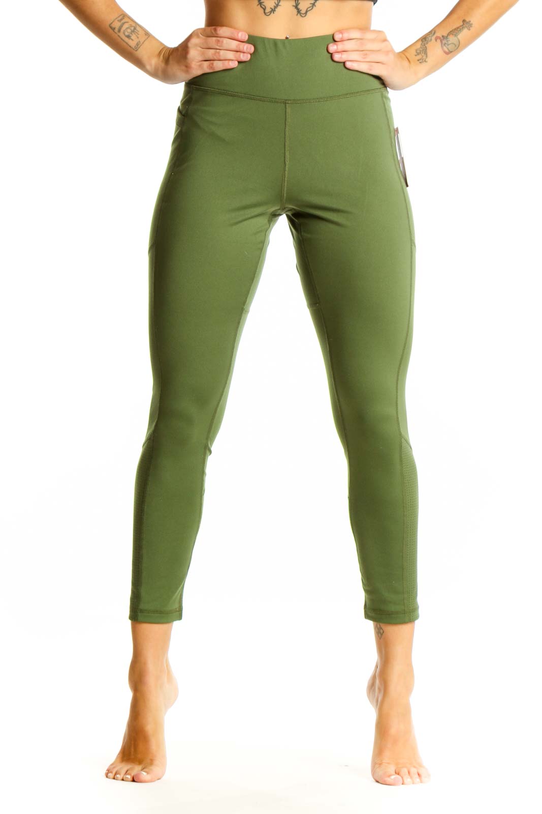Front view of olive green high-waisted activewear leggings