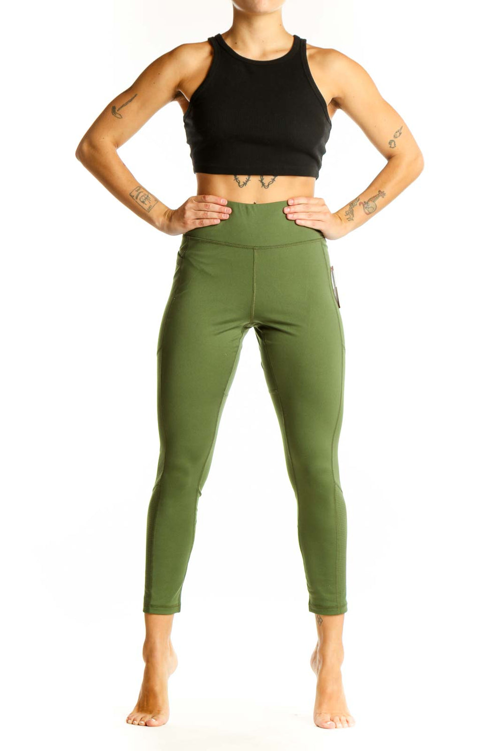 Front view of olive green high-waisted activewear leggings