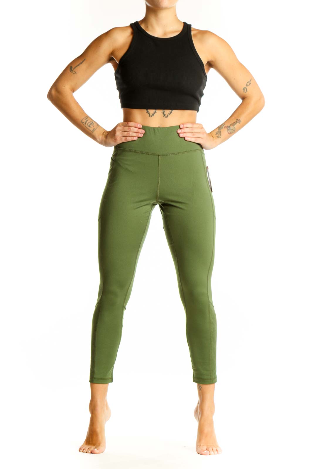 Front view of olive green high-waisted activewear leggings