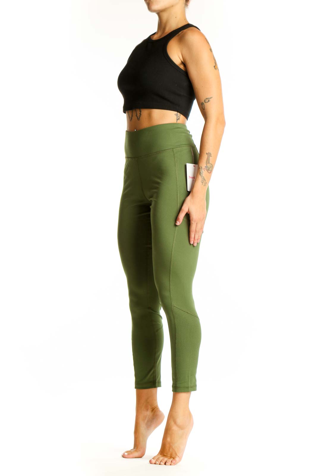 Front view of olive green high-waisted activewear leggings