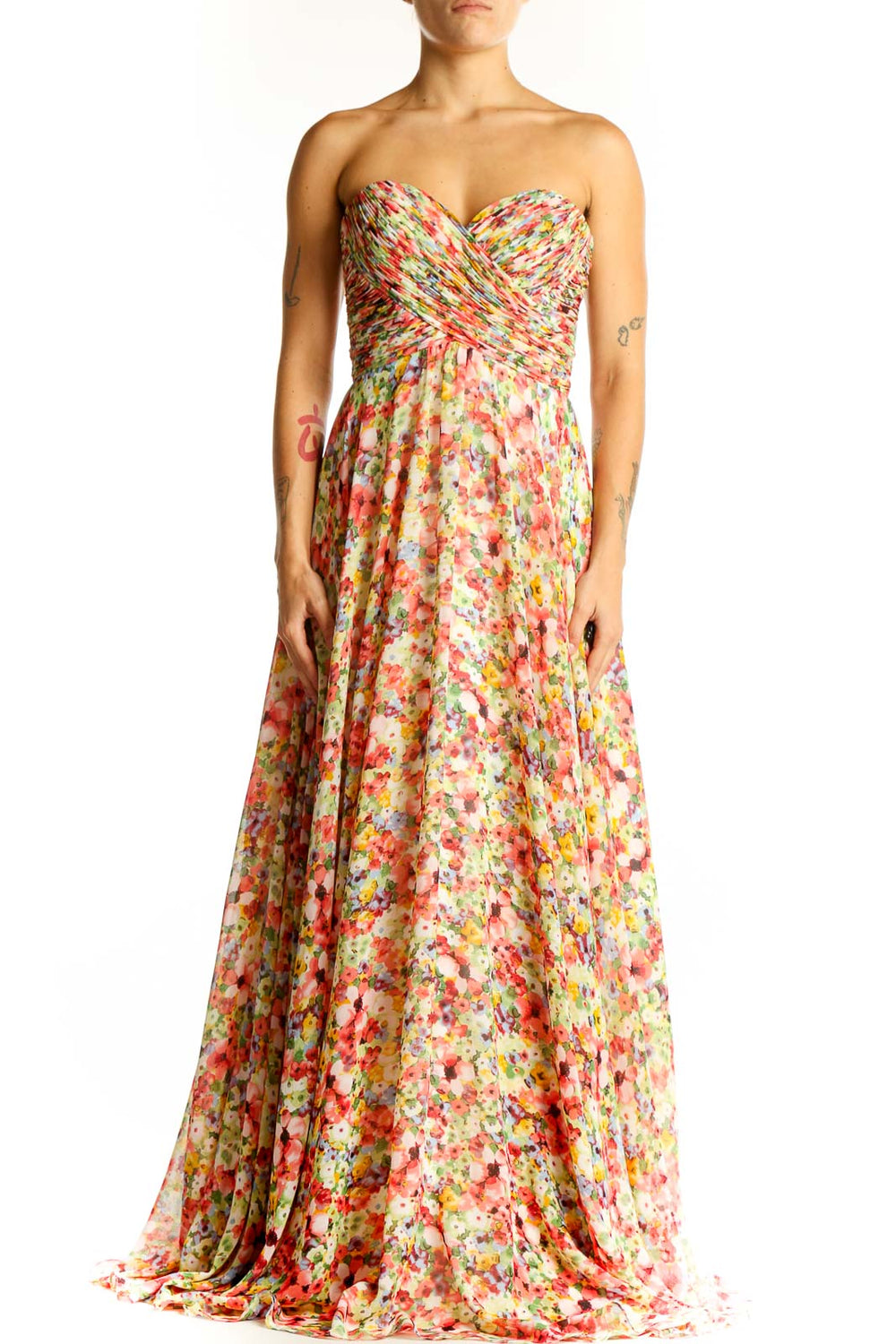 Front view of multicolor floral strapless gown with sweetheart neckline