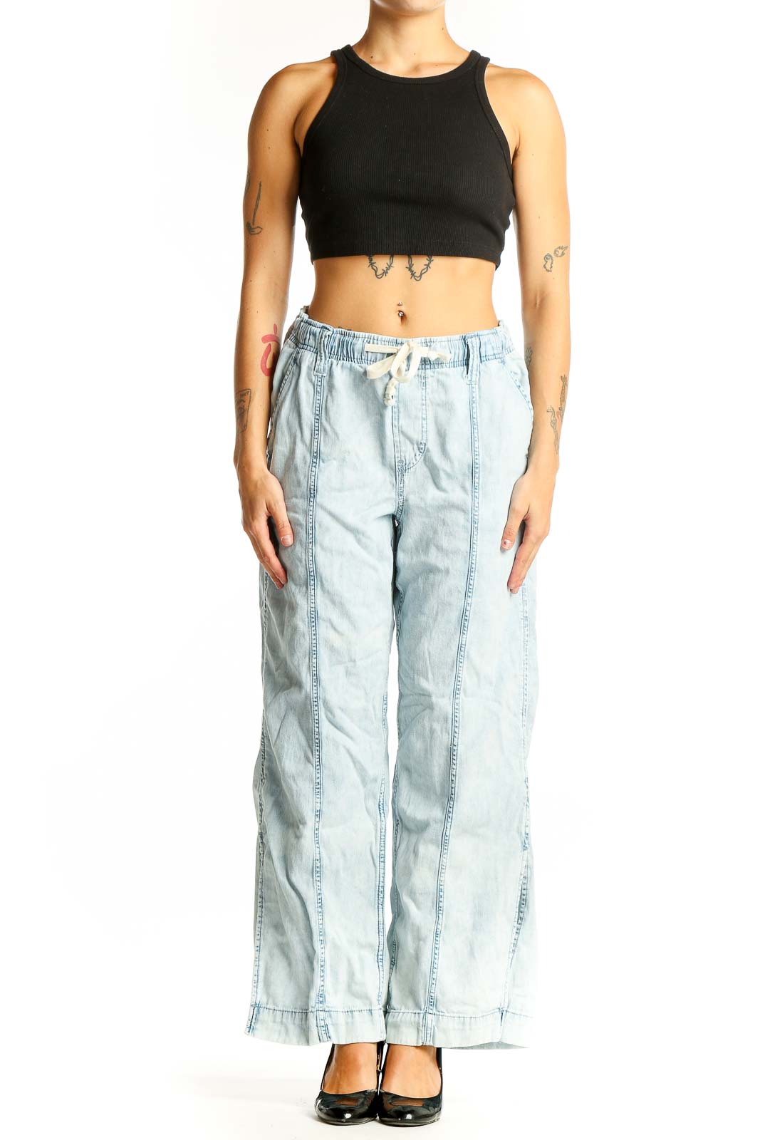 Front view of light blue wide-leg cotton pants from Gap