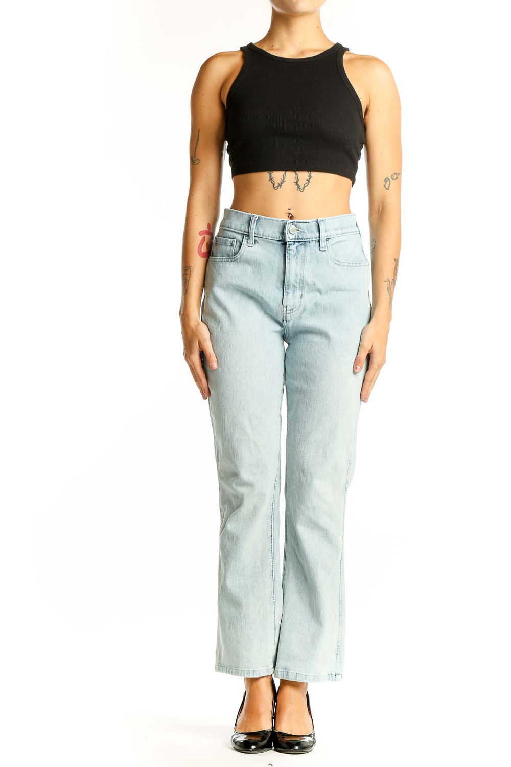 Front view of Banana Republic light blue straight leg jeans on model