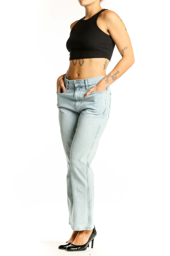 Front view of Banana Republic light blue straight leg jeans on model