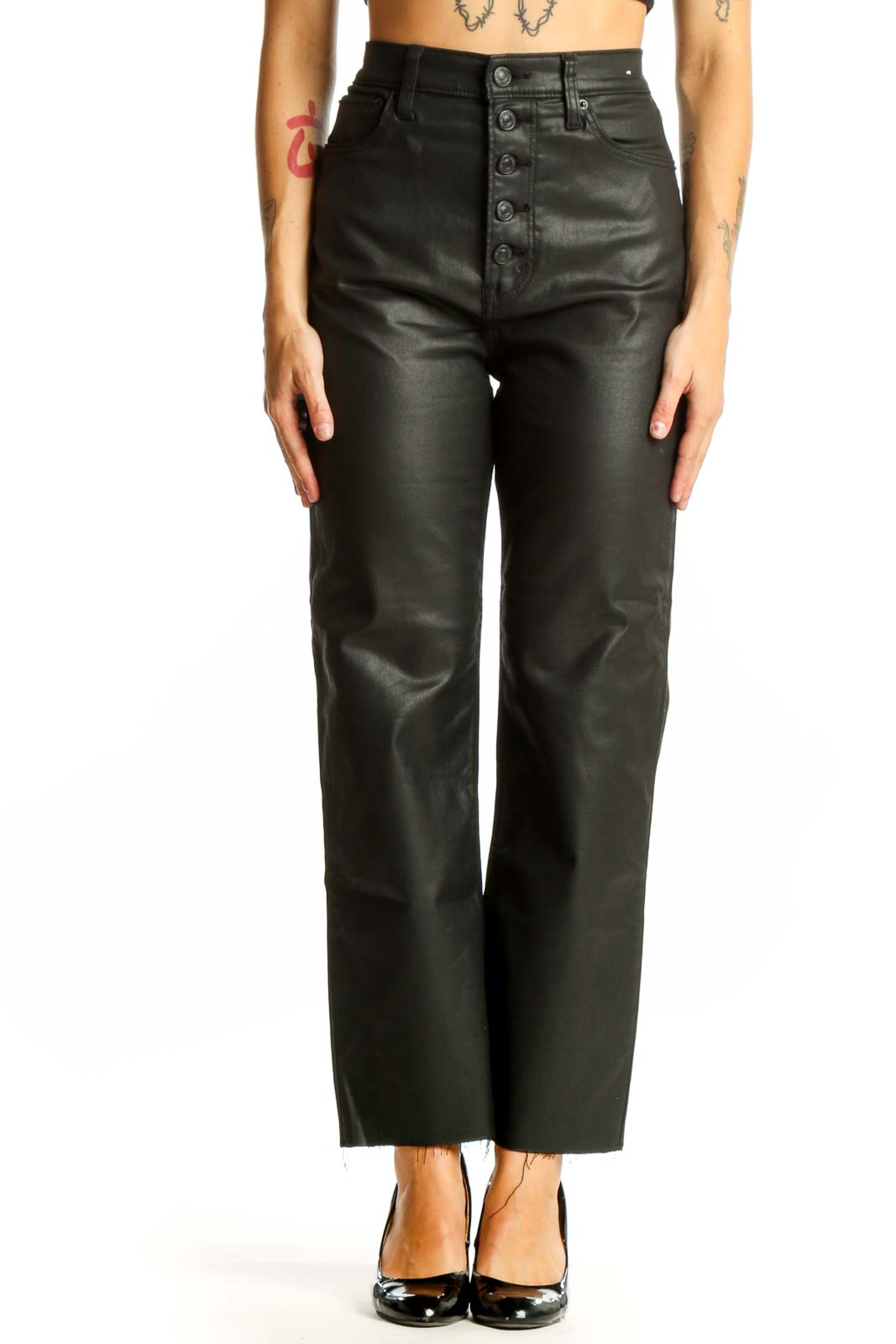Front view of Abercrombie & Fitch black faux leather high-waisted pants with button-front closure