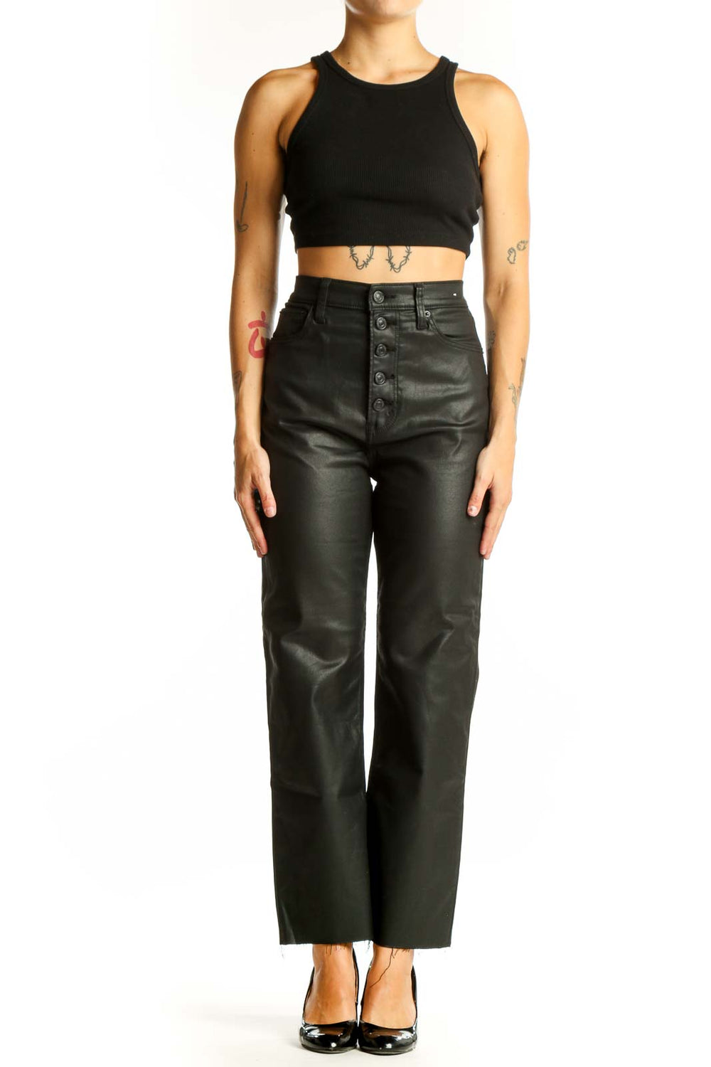 Front view of Abercrombie & Fitch black faux leather high-waisted pants with button-front closure
