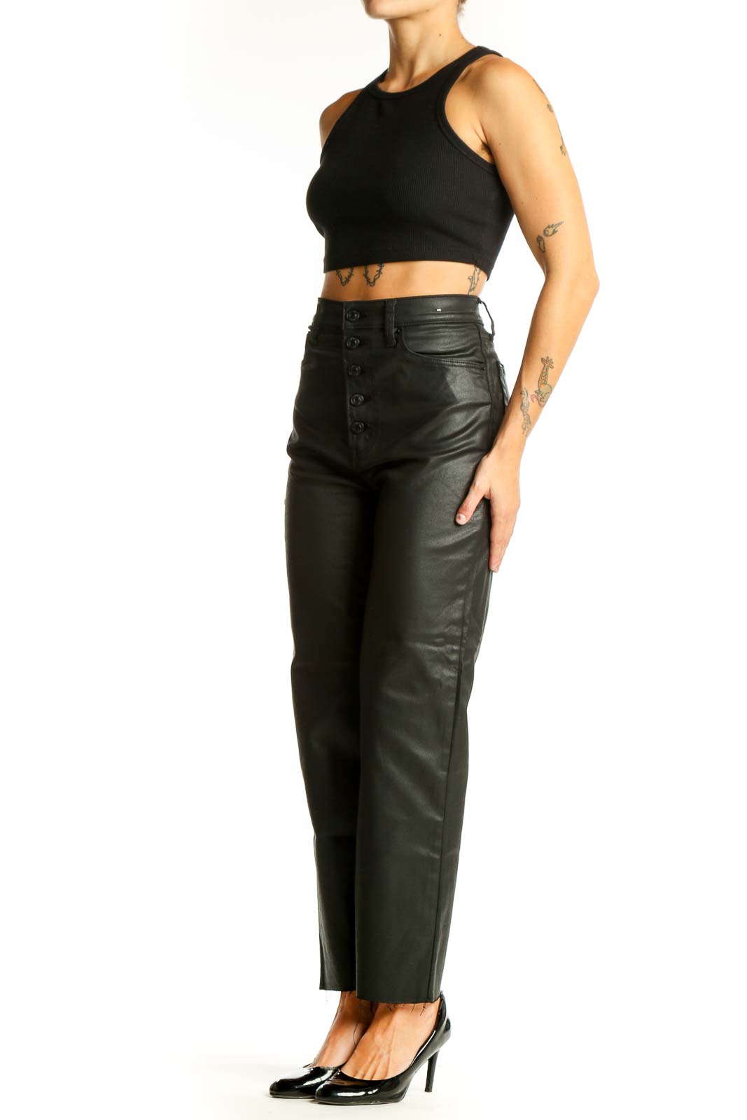 Front view of Abercrombie & Fitch black faux leather high-waisted pants with button-front closure