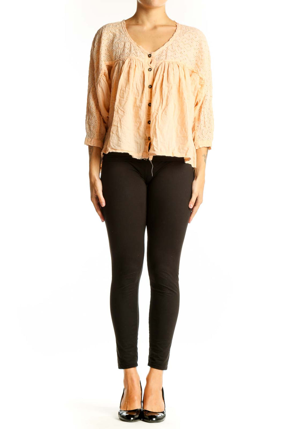 Front view of Free People peach eyelet lace button-up blouse