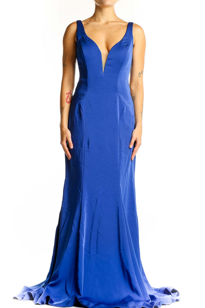 Front view of royal blue ALYCE paris mermaid gown with plunging V-neckline