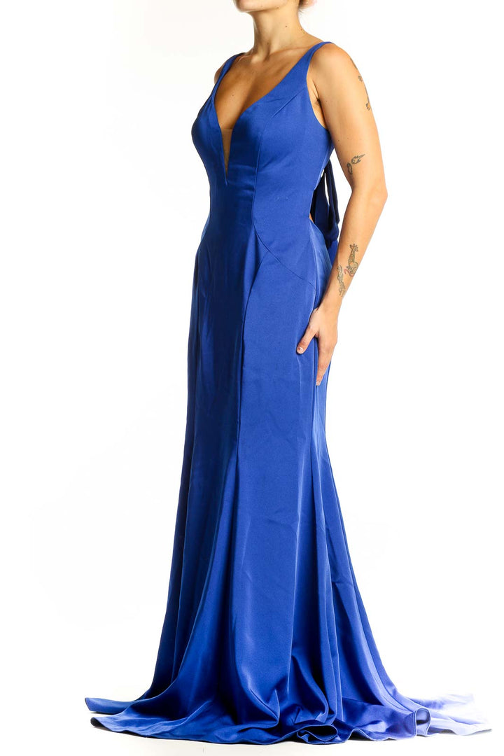 Front view of royal blue ALYCE paris mermaid gown with plunging V-neckline