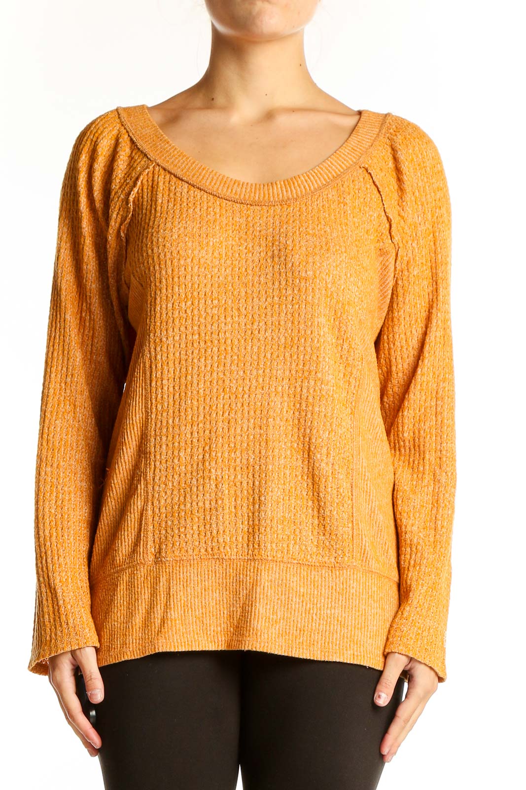 Front view of orange textured knit sweater by Eri + Ali