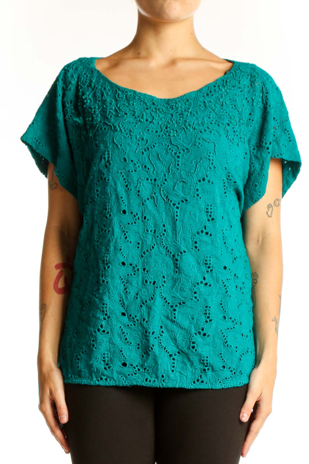 Front view of teal eyelet lace top with scoop neck and flutter sleeves