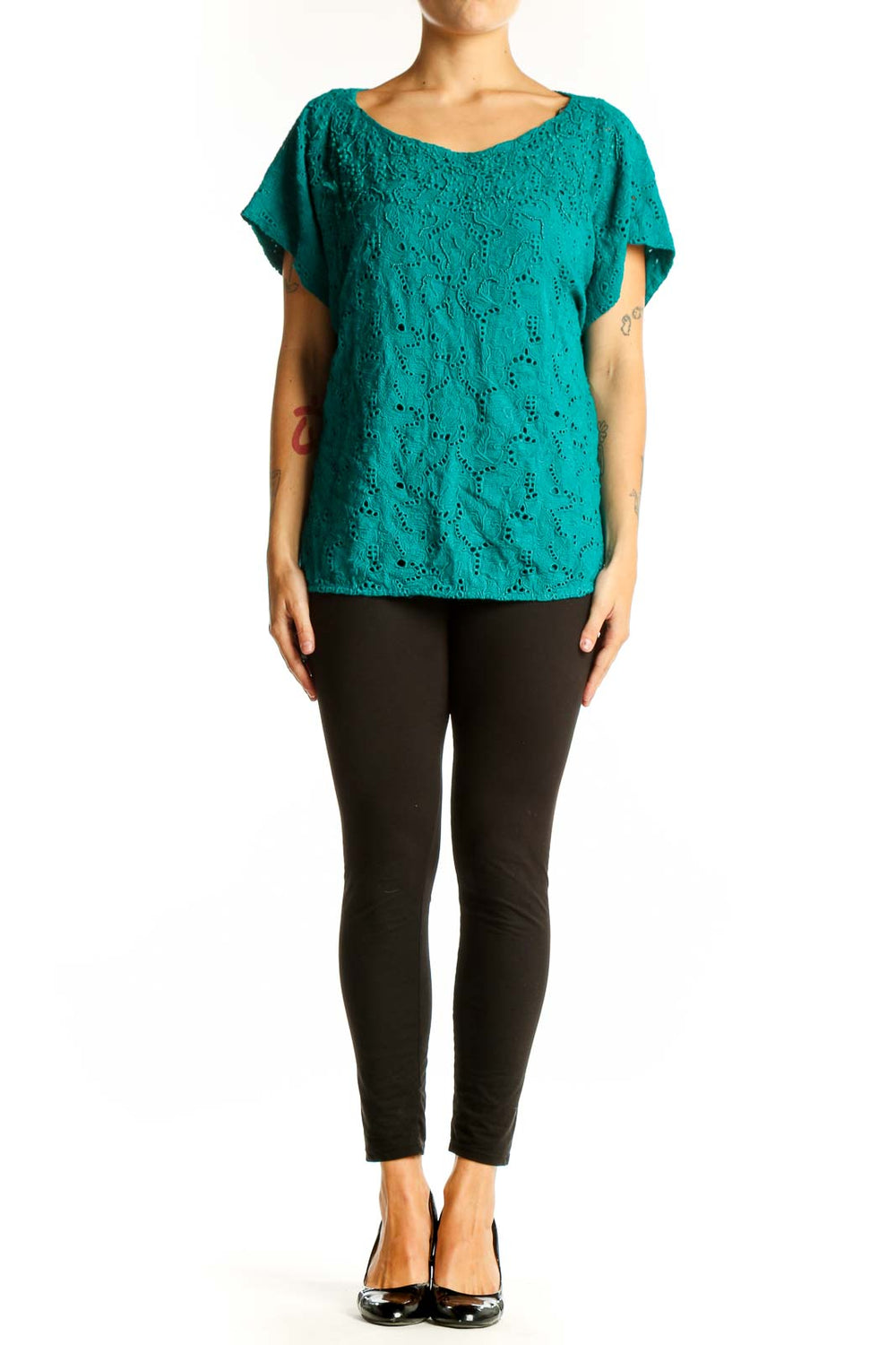 Front view of teal eyelet lace top with scoop neck and flutter sleeves